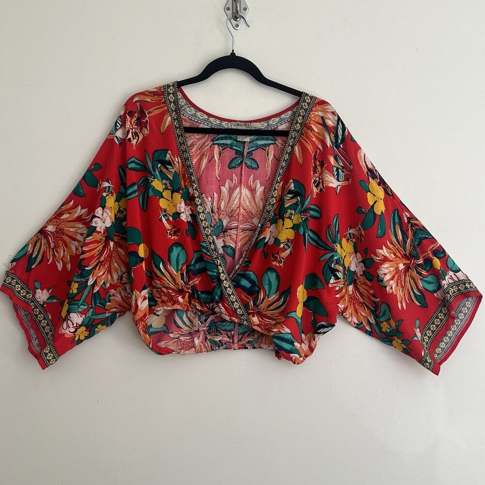 Free Market by Flying Tomato Top Tropical Colorful Red Kimono Sleeve L